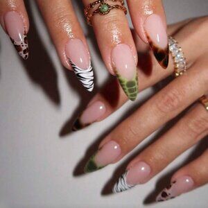 24pcs Long Animal Print Brown, Green, White French Manicure Press-On Nails New
